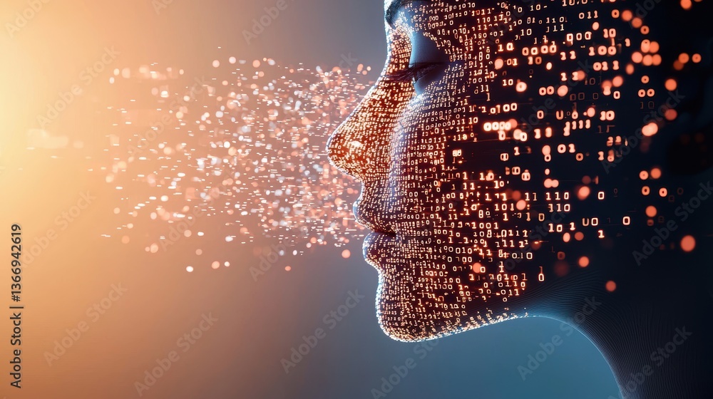Poster binary abstract image of binary digits forming a human face in a digital world.