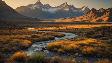 Winding River Flows Through Golden Grassland Toward Distant Snow Peaks