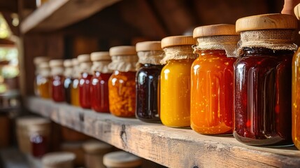 Rustic Shelf with Colorful Homemade Jams and Preserves in Glass Jars