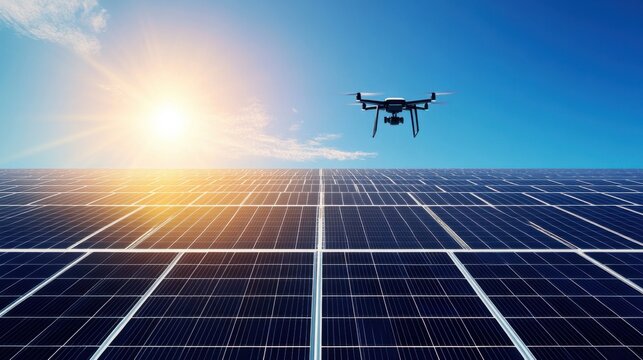 AI powered drone flying over a solar farm for energy monitoring, vast solar field with panels and bright sunlight, Eco-tech style