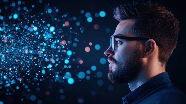 Coding Software engineer focused on coding at a workstation with futuristic digital interface elements.