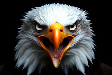 Photo of Bald Eagle with Open Beak and Intense Stare Against Black Background