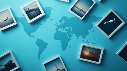 Collection of tilted instant photo frames, light blue world map backdrop, dashed flight route lines, arranged photo borders casting soft shadows, modern travel collage aesthetic, empty photograph