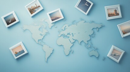 Collection of tilted instant photo frames, light blue world map backdrop, dashed flight route lines, arranged photo borders casting soft shadows, modern travel collage aesthetic, empty photograph