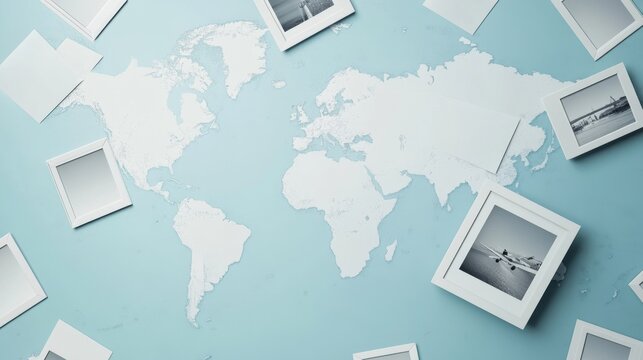 Collection of tilted instant photo frames, light blue world map backdrop, dashed flight route lines, arranged photo borders casting soft shadows, modern travel collage aesthetic, empty photograph