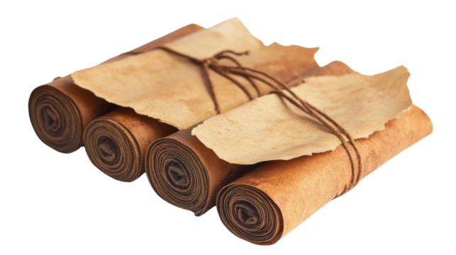 a blank aged parchment roll ready for writing isolated on white background