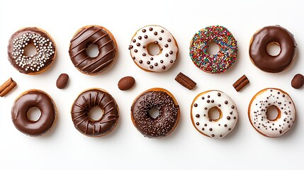 Obraz premium Delicious Chocolate and Sprinkled Donuts Flatlay Sweet Treat Bakery Food Image