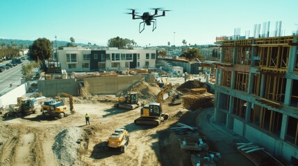 AI powered drone inspecting a construction site for structural integrity, active construction site with cranes and scaffolding, Tech style