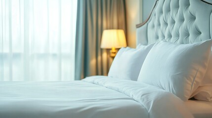 Fototapeta premium Luxurious Hotel Room Bed with Crisp White Linens and Soft Lighting