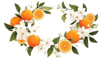 Ornamental orange fruit and flower wreath graphic design