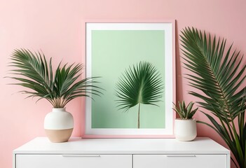 Minimalist Home Decor with Palm Plants and Green Artwork