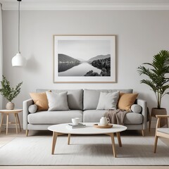 Modern Living Room Interior with Calm Lake Landscape Decor