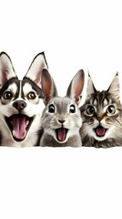 Group Of Happy Animals Smiling Together On White Background