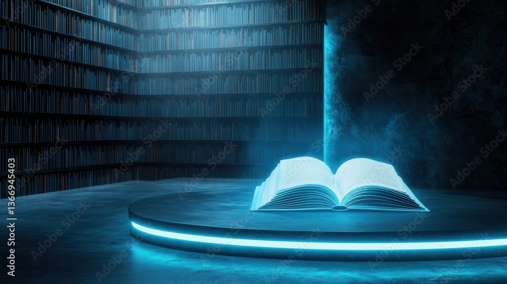 Poster library digital library with futuristic holographic book selections on an interactive screen.