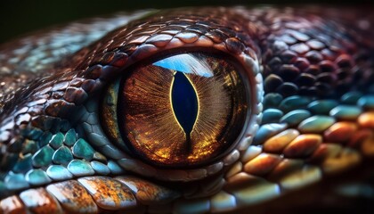 Close-up of a snake's eye with vertical pupil and surrounding scales - stock photography for nature, wildlife, and environmental content