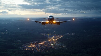 A vibrant aerial shot of an airplane flying over a city at night, with glowing lights below,