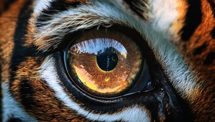Close-up of a tiger's eye with detailed iris patterns and surrounding fur - stock photography for nature, wildlife, and environmental content