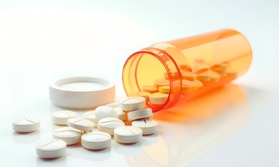 The transparent orange pill bottle was tipped over, releasing white tablets on a white background with space for text. Ideal for healthcare and pharmaceutical content, focusing on contrast