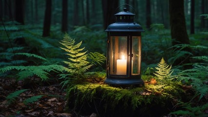 Glowing Lantern with Candle Illuminating Ferns in a Woodland Setting