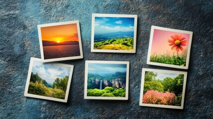 Fototapeta premium Collection of Scenic Travel Photographs Arranged on a Rustic Surface