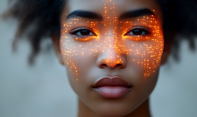 Woman's Face Glowing with Digital Futuristic Interface for Technology Concept