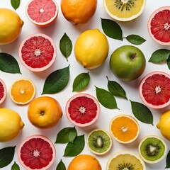 Flat Lay of Fresh Citrus Fruits and Kiwi with Green Leaves