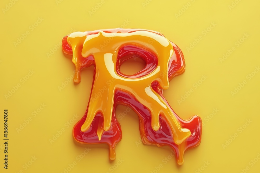 Poster the letter r is dripping with a yellow and red substance, creating a playful