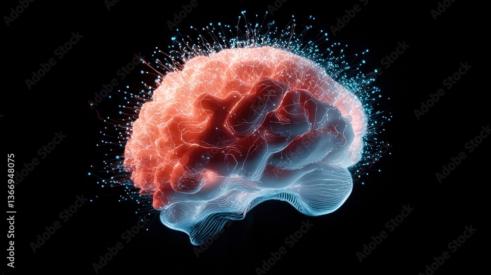Poster brain abstract visualization of a brain with interconnected circuits and data streams.