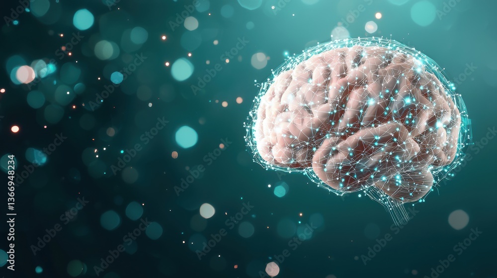Poster brain cybernetic brain concept with futuristic glowing elements and data links.