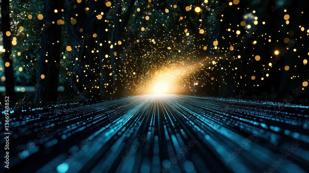 Poster cyberspace abstract digital landscape with glowing data streams and futuristic elements.