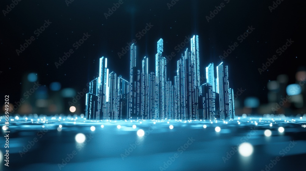 Poster cyberspace a futuristic cyberspace city built from lines of digital code and lights.