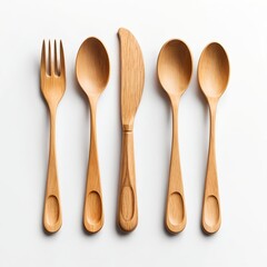 Wooden Cutlery Set on White Background