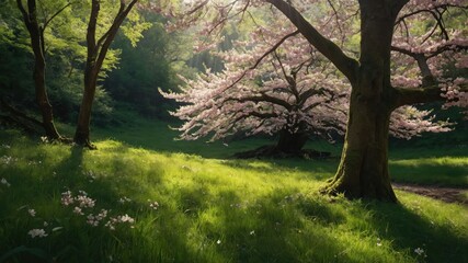 Fototapeta premium Blossoming Trees in Sunlight Glade Peaceful Outdoor Nature Scene