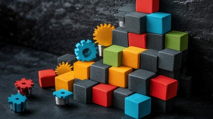 Obraz premium Colorful Blocks and Gears Representing Teamwork, Strategy, and Growth