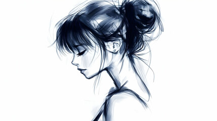 Naklejka premium Illustration Of Young Woman's Profile In Black And White Art Style