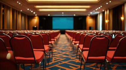 Naklejka premium Rows of Empty Red Chairs in a Modern Conference Room