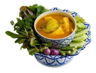 Sweet and Sour Fresh Mackerel Steaks Soup isolated on a transparent background.