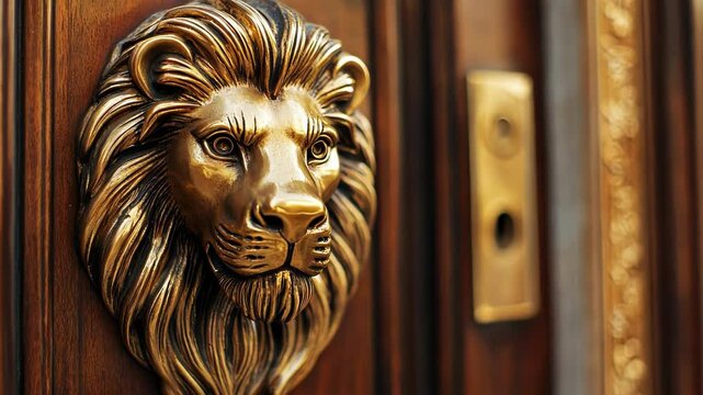 An elegant bronze lion head door knocker on a rich wooden door.