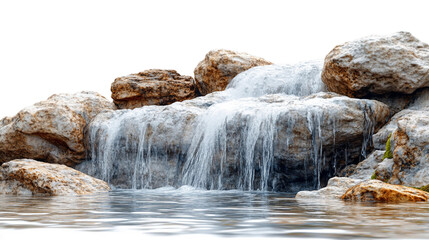 Fototapeta premium A serene waterfall cascading down rugged rocks isolated on white background. Suitable for marketing or business purposes. PNG file