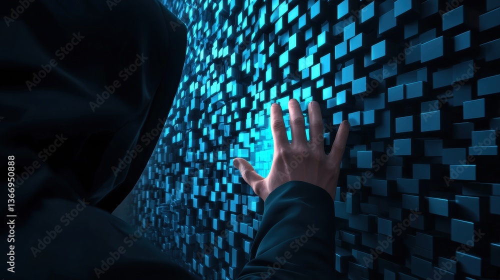 Poster firewall hacker attempting to breach a firewall with encrypted data defenses.