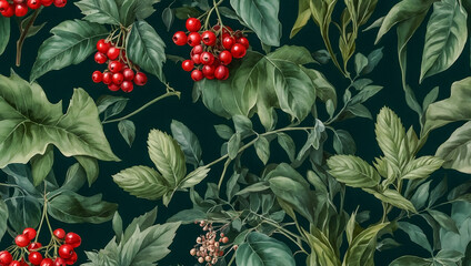 Elegant botanical illustration with green leaves and berries accents