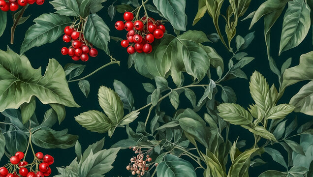 Elegant botanical illustration with green leaves and berries accents