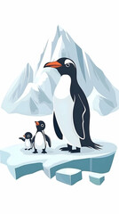 Obraz premium Pixel Art Penguin Family On Iceberg Against Snowy Mountains Illustration