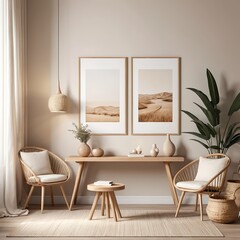 Minimalist Living Room Interior with Desert Landscape Prints