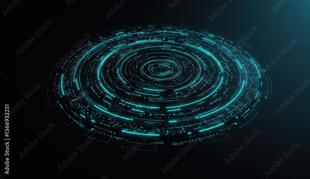 Poster abstract futuristic circular interface design in blue with neon elements, representing technology, i