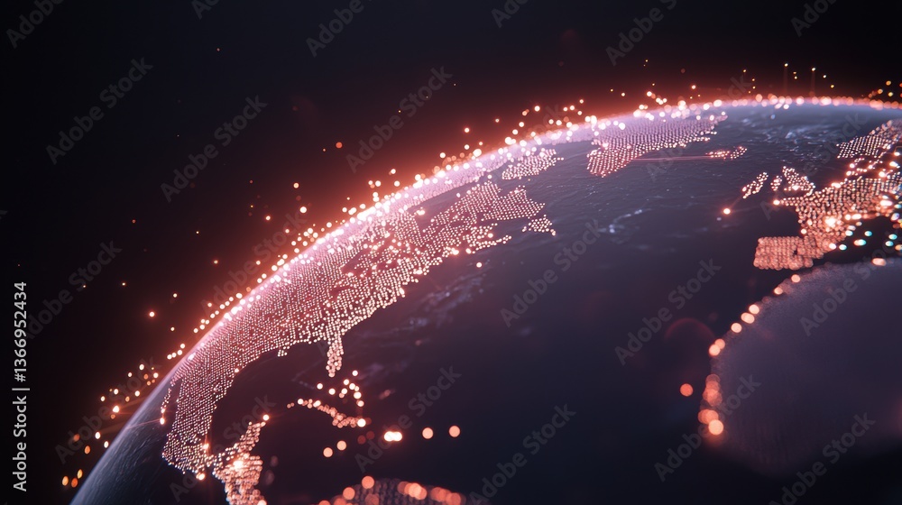 Poster globe rotating digital earth with bright circuits showing international tech connectivity.