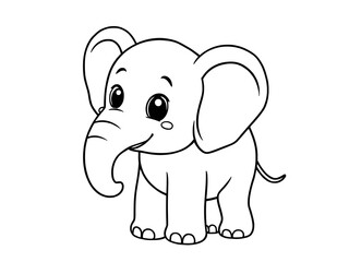 Fototapeta premium Cute Cartoon Elephant Line Art Illustration Outline, Coloring Page, Baby Animal, Friendly, Happy, Smiling, Big Ears, Black and White