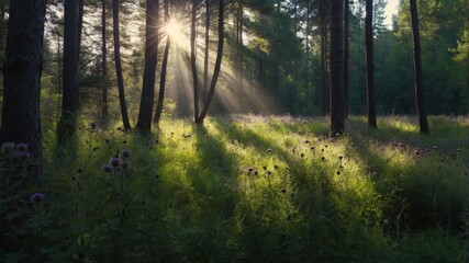 Fototapeta premium Sunlight Streaming Through Woodland Forest with Green Grass and Flowers