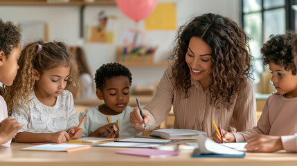 Fototapeta premium Engaged teacher pointing at a student's notebook, kids around eagerly participating, colorful classroom decor in the background.
