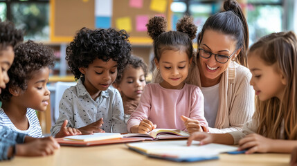 Engaged teacher pointing at a student's notebook, kids around eagerly participating, colorful classroom decor in the background.